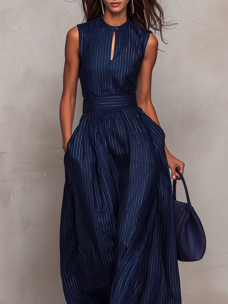 Olga | Set Largo con Scollo a Goccia in Blu Scuro a Righe da Donna