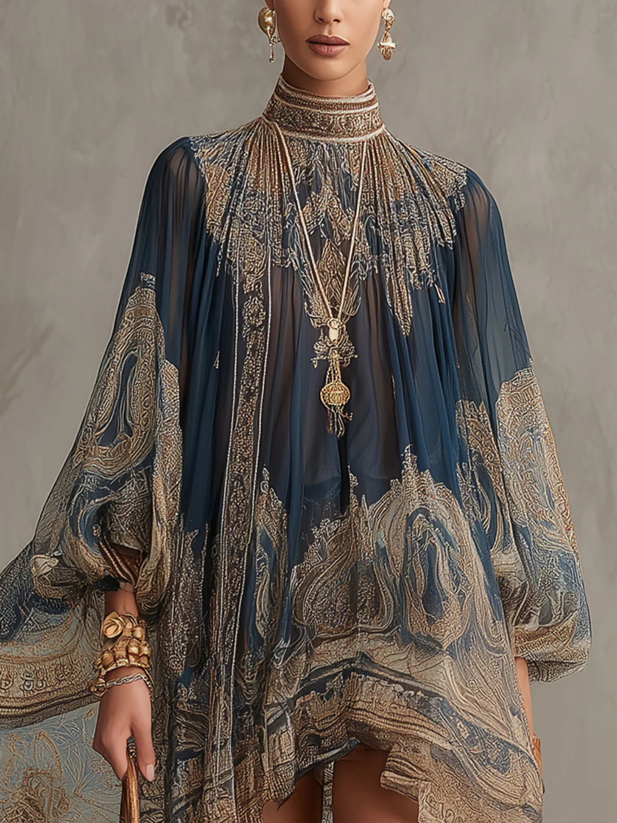 Marianna | Mini abito in chiffon blu navy con stampa barocca dorata per Donna