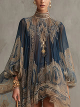 Marianna | Mini abito in chiffon blu navy con stampa barocca dorata per Donna