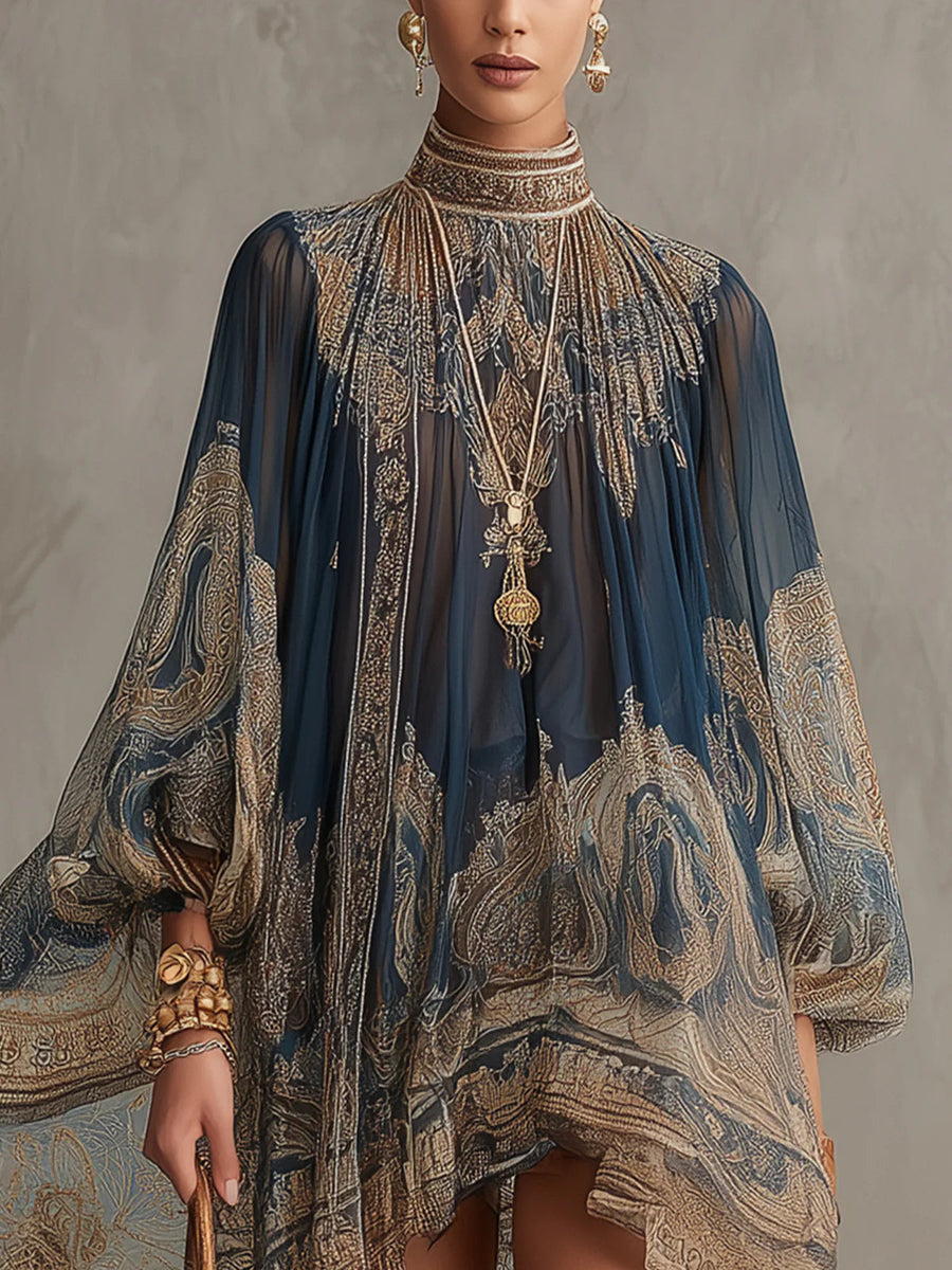 Marianna | Mini abito in chiffon blu navy con stampa barocca dorata per Donna
