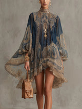 Marianna | Mini abito in chiffon blu navy con stampa barocca dorata per Donna