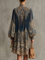 Marianna | Mini abito in chiffon blu navy con stampa barocca dorata per Donna