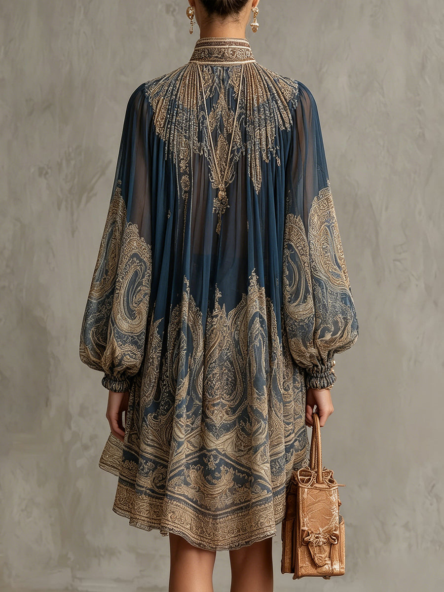 Marianna | Mini abito in chiffon blu navy con stampa barocca dorata per Donna