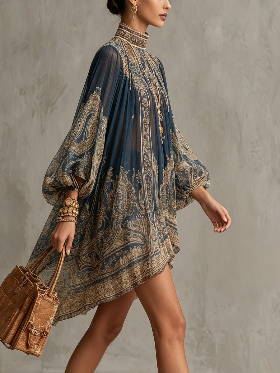 Marianna | Mini abito in chiffon blu navy con stampa barocca dorata per Donna