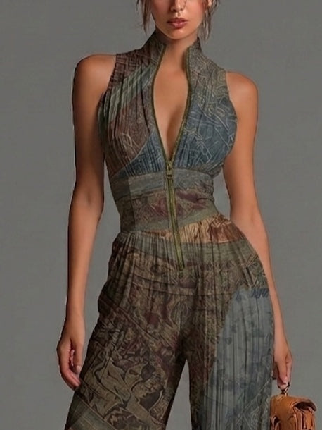 Rosario - Tuta in chiffon a taglio largo con pieghe, senza maniche, chiusura e stampa etnica bohemien per Donna