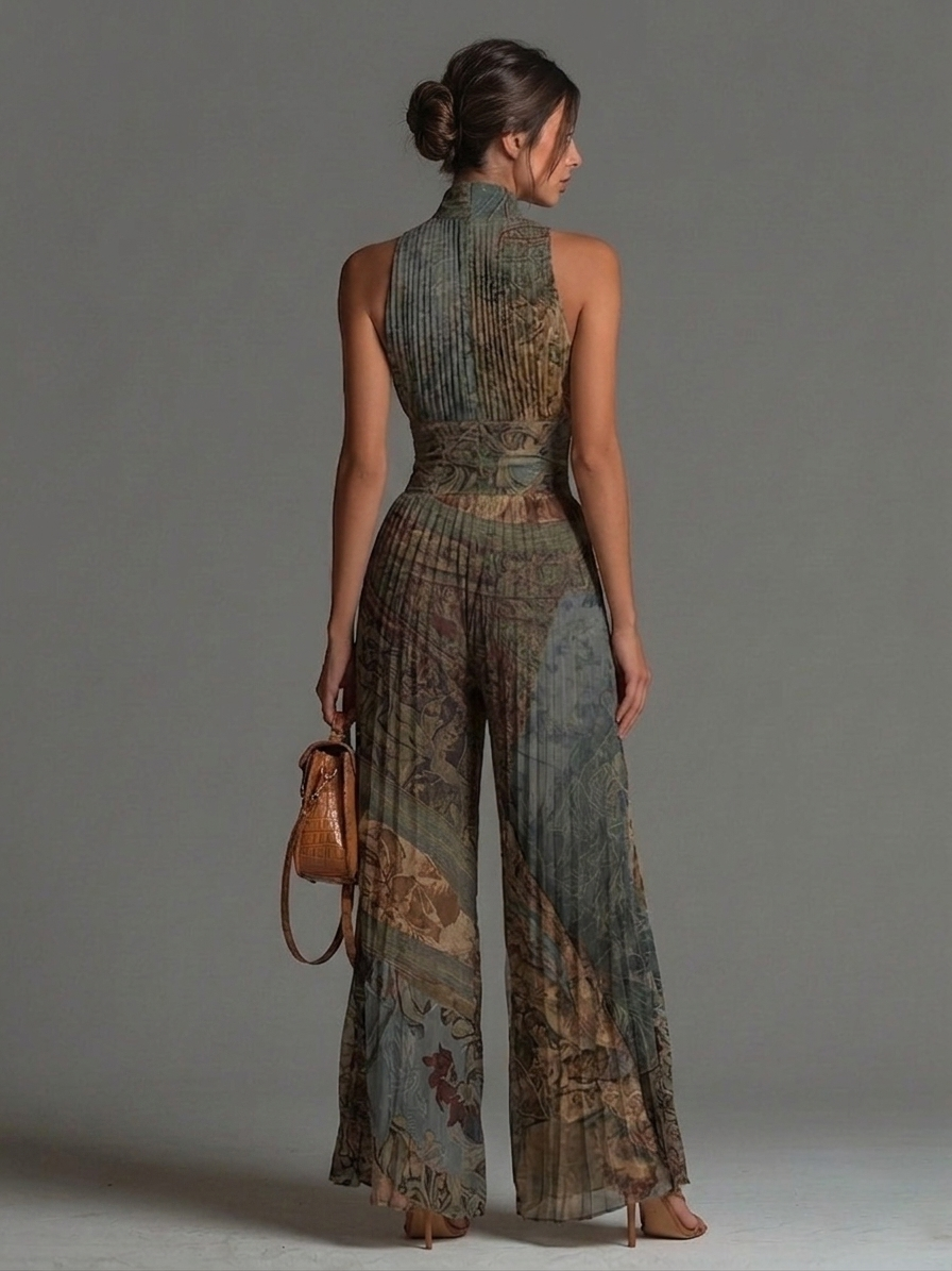 Rosario - Tuta in chiffon a taglio largo con pieghe, senza maniche, chiusura e stampa etnica bohemien per Donna