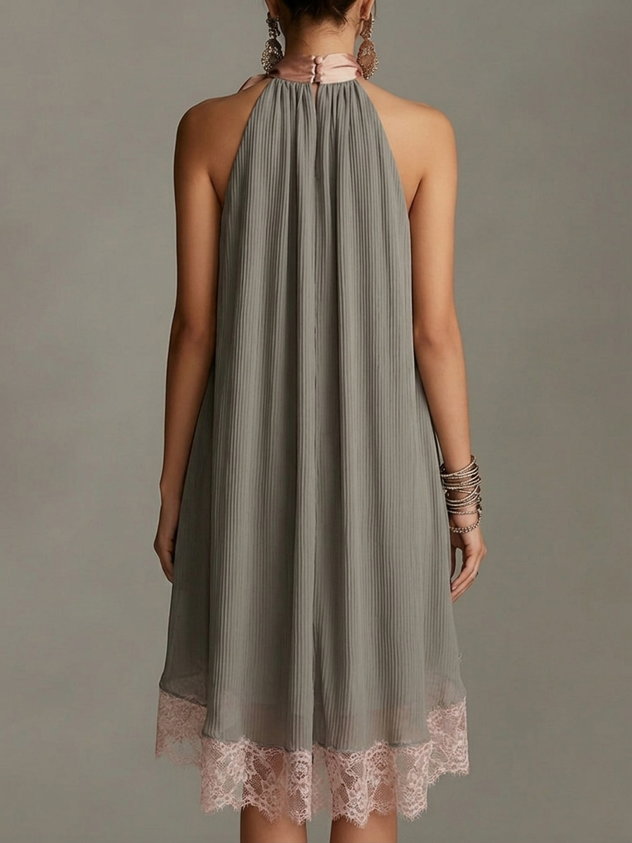 Beatrice | Mini abito grigio in satin con fiocco rosa e pizzo per Donna