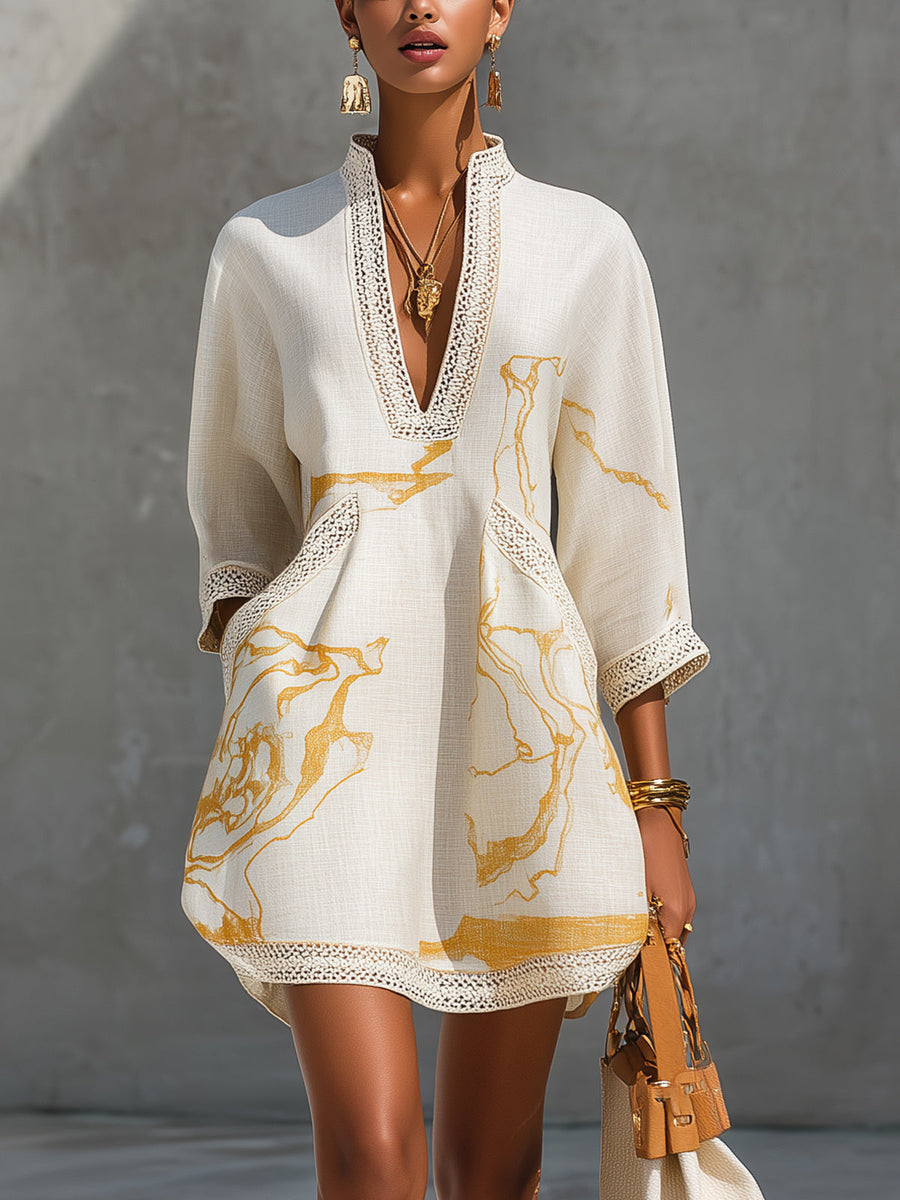 Aliénor | Vestito Mini in Pizzo di Cotone Avorio con Motivi Dorati e Scollatura a V per Donna