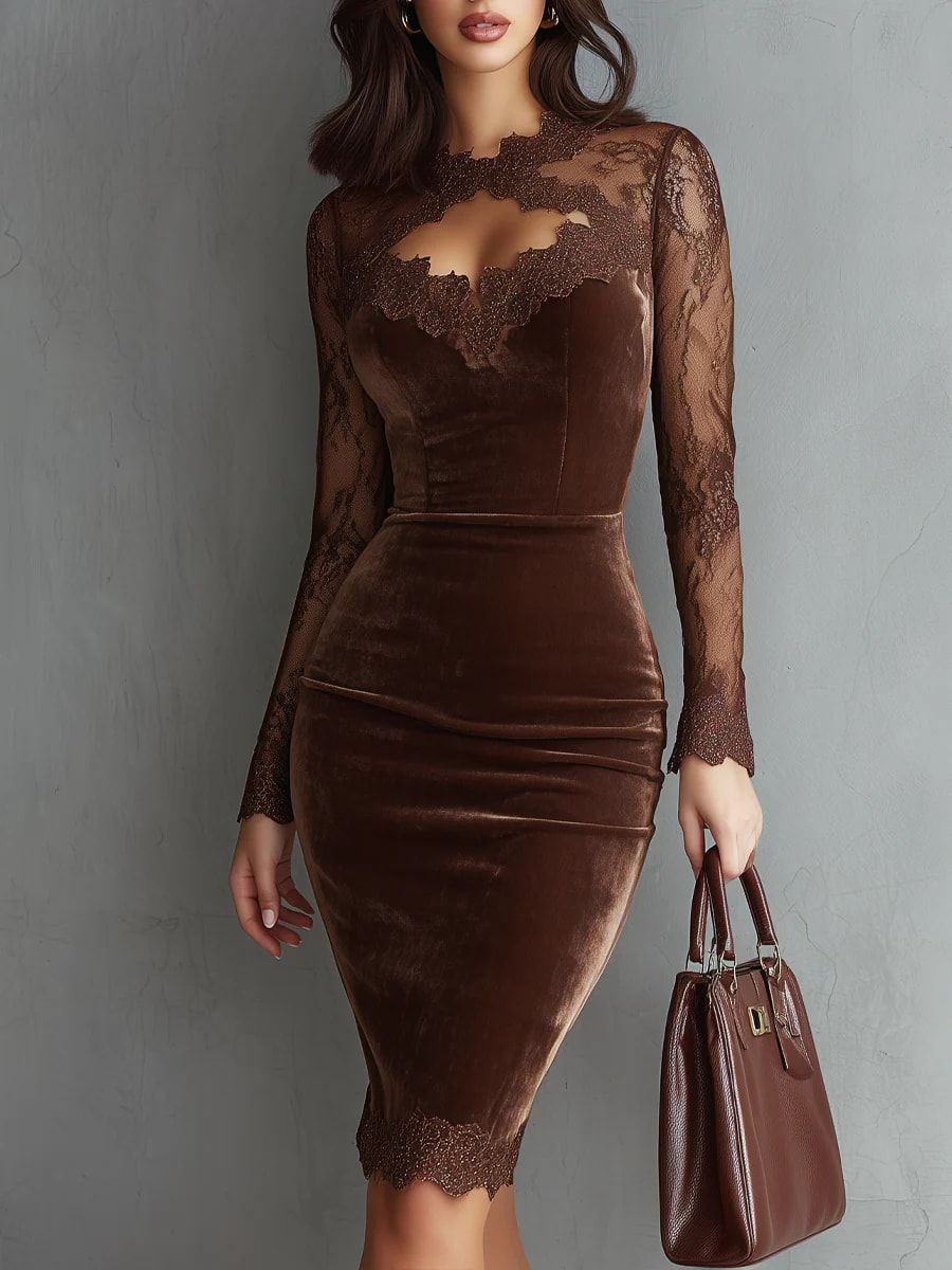 SOFIE | Robe Mini Velours Castanho con Pizzo Elegante