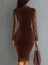 SOFIE | Robe Mini Velours Castanho con Pizzo Elegante