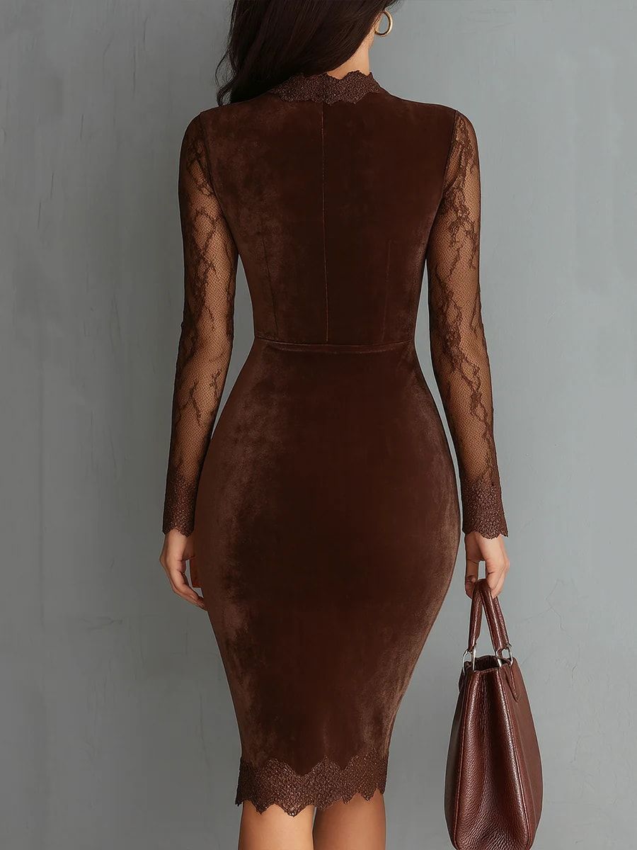 SOFIE | Robe Mini Velours Castanho con Pizzo Elegante