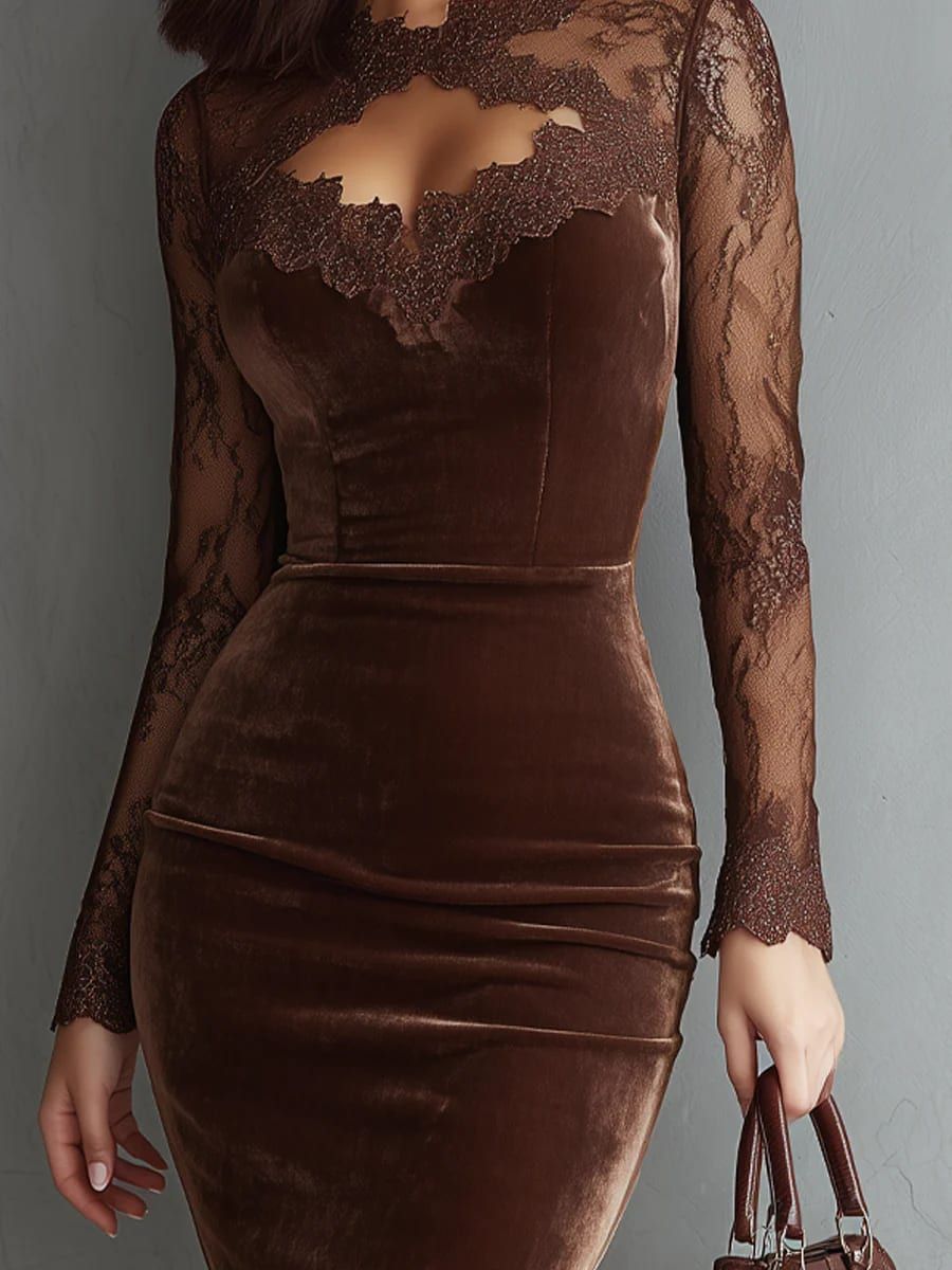 SOFIE | Robe Mini Velours Castanho con Pizzo Elegante