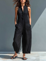Claudia | Tuta Minimalista in Lino da Donna Senza Maniche con Collo e Bottoni
