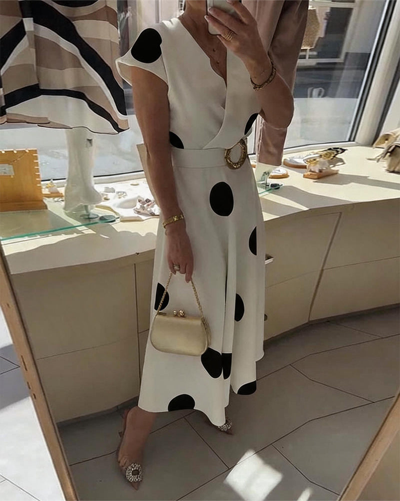 Lorena - Vestito midi da donna con pois e scollo a V
