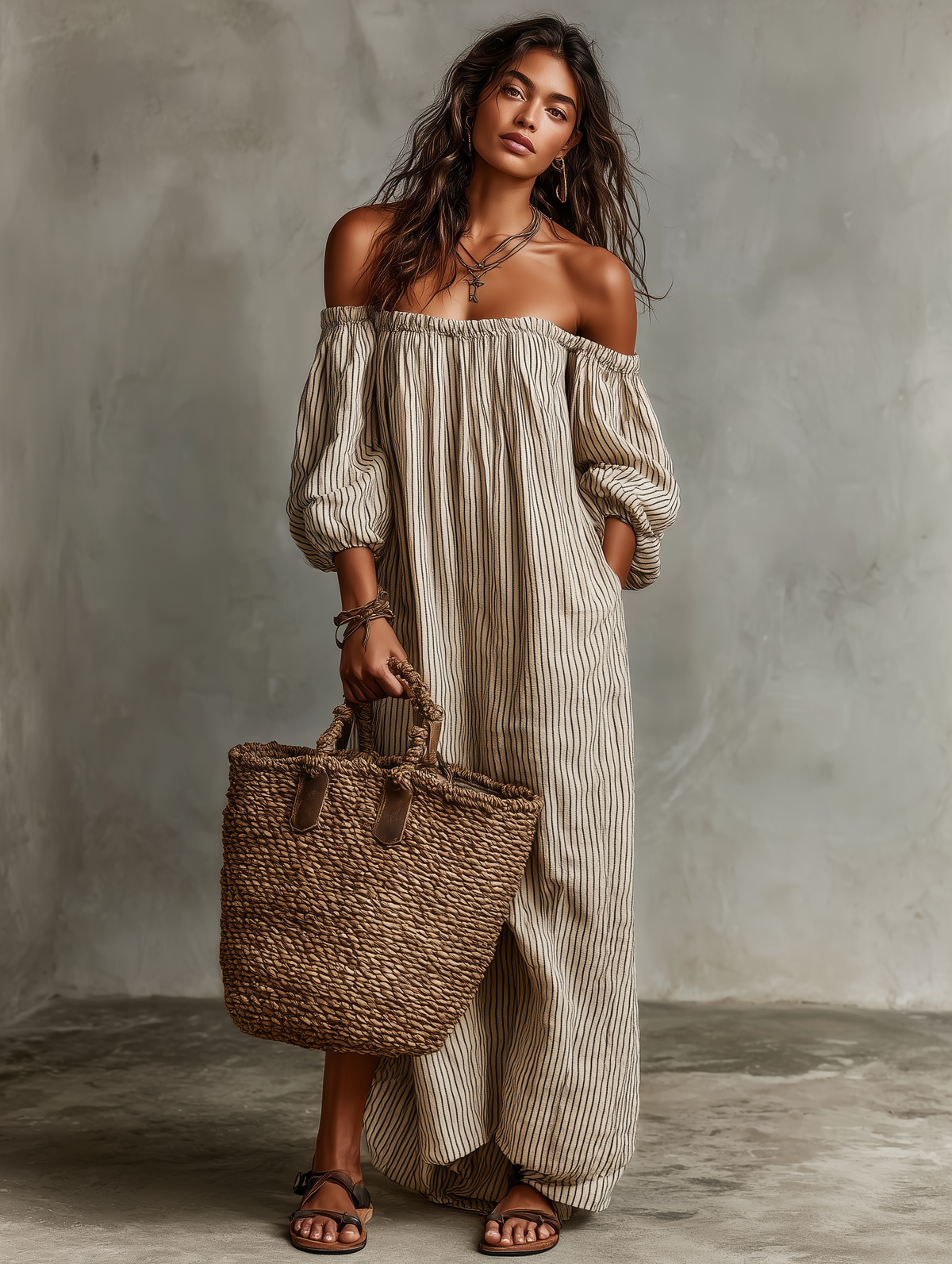 Carmen | Abito lungo in cotone e lino con spalle scoperte da donna