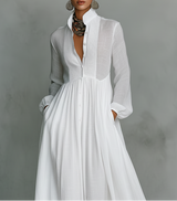Elisa | Abito Maxi Minimalista in Cotone e Lino con Patchwork