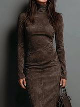 Ilaria | Abito Midi in Suede con Collo Alto e Maniche Lunghe