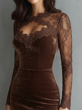 SOFIE | Robe Mini Velours Castanho con Pizzo Elegante