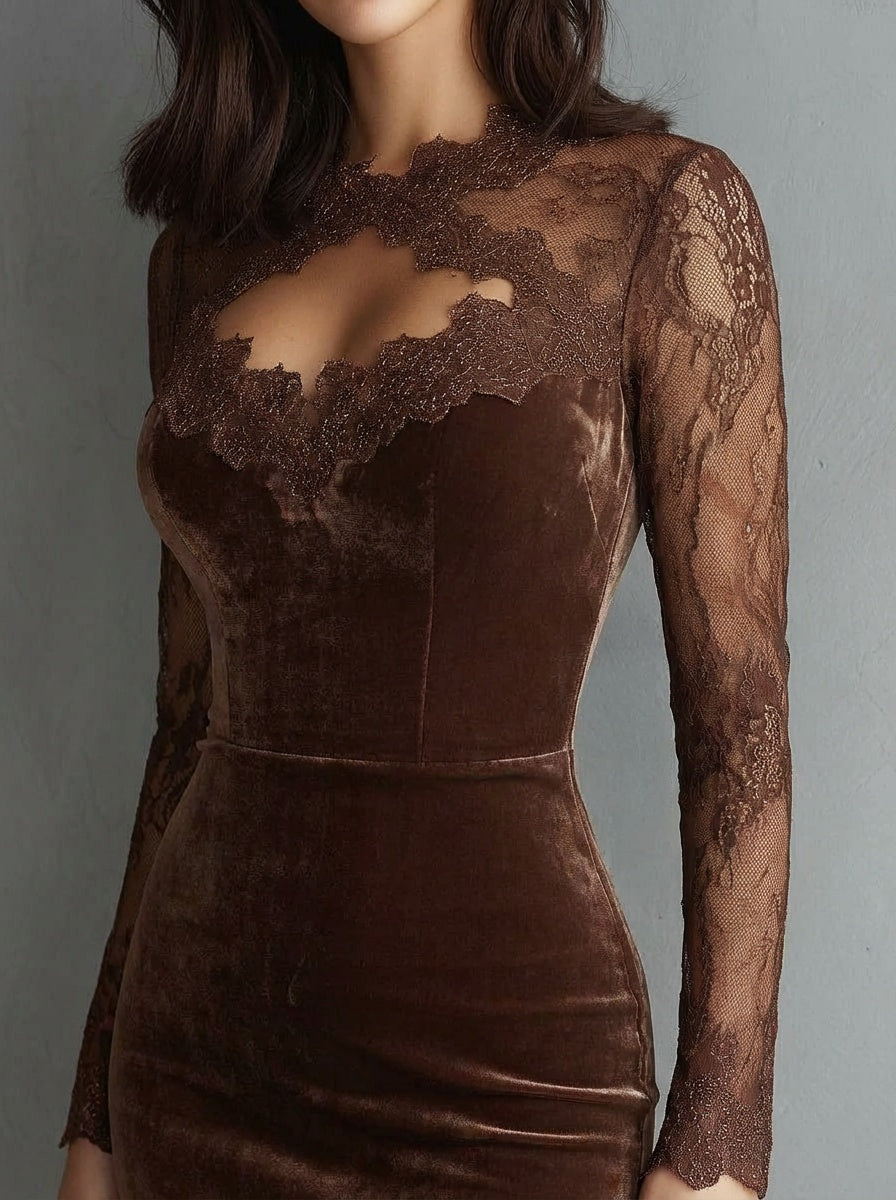SOFIE | Robe Mini Velours Castanho con Pizzo Elegante