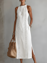 Jimena | Abito midi di linho con colarinho mao da donna