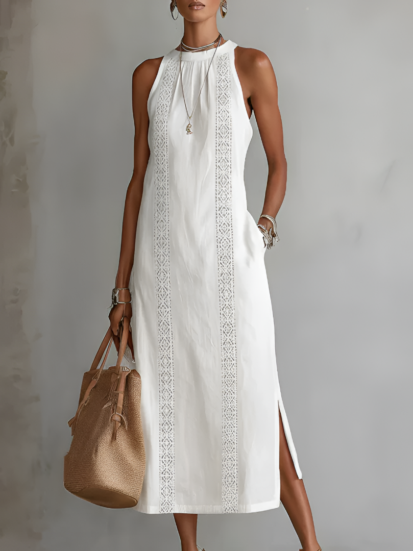 Jimena | Abito midi di linho con colarinho mao da donna