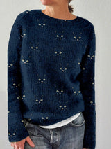 Maglione accogliente con collo rotondo stampato con viso di gatto