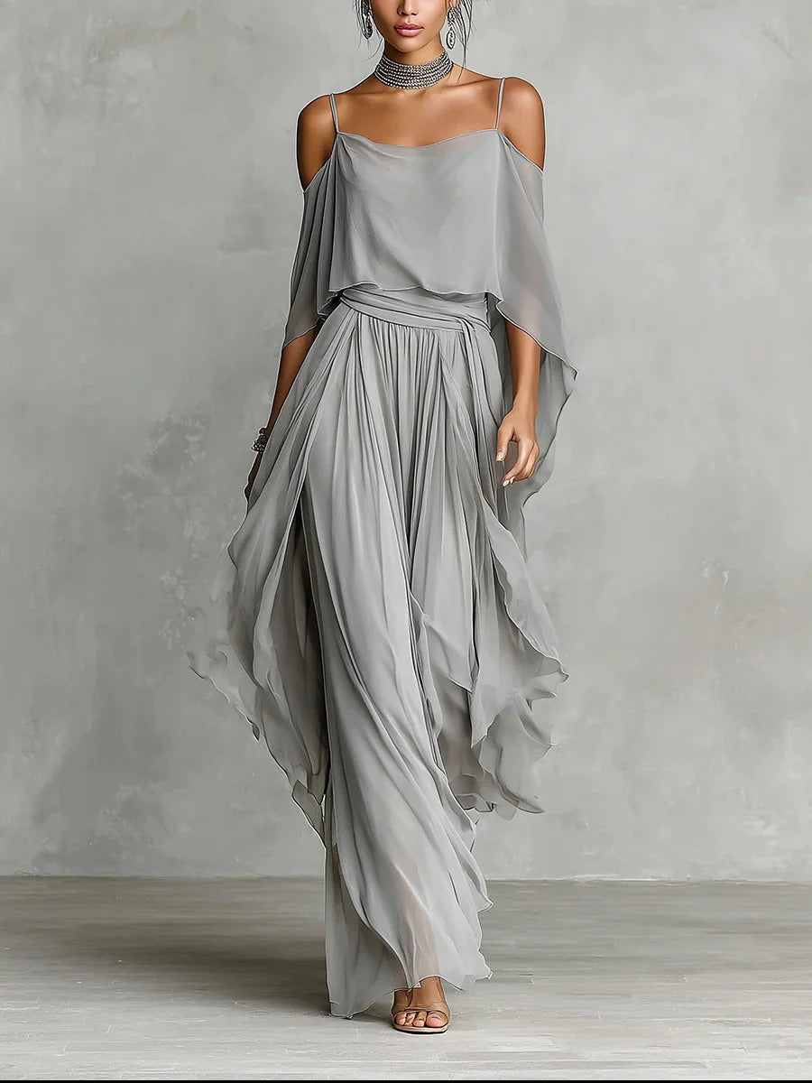 Isabela | Set Fluido Grigio con Top con Spalline e Pantaloni Leggeri da Donna
