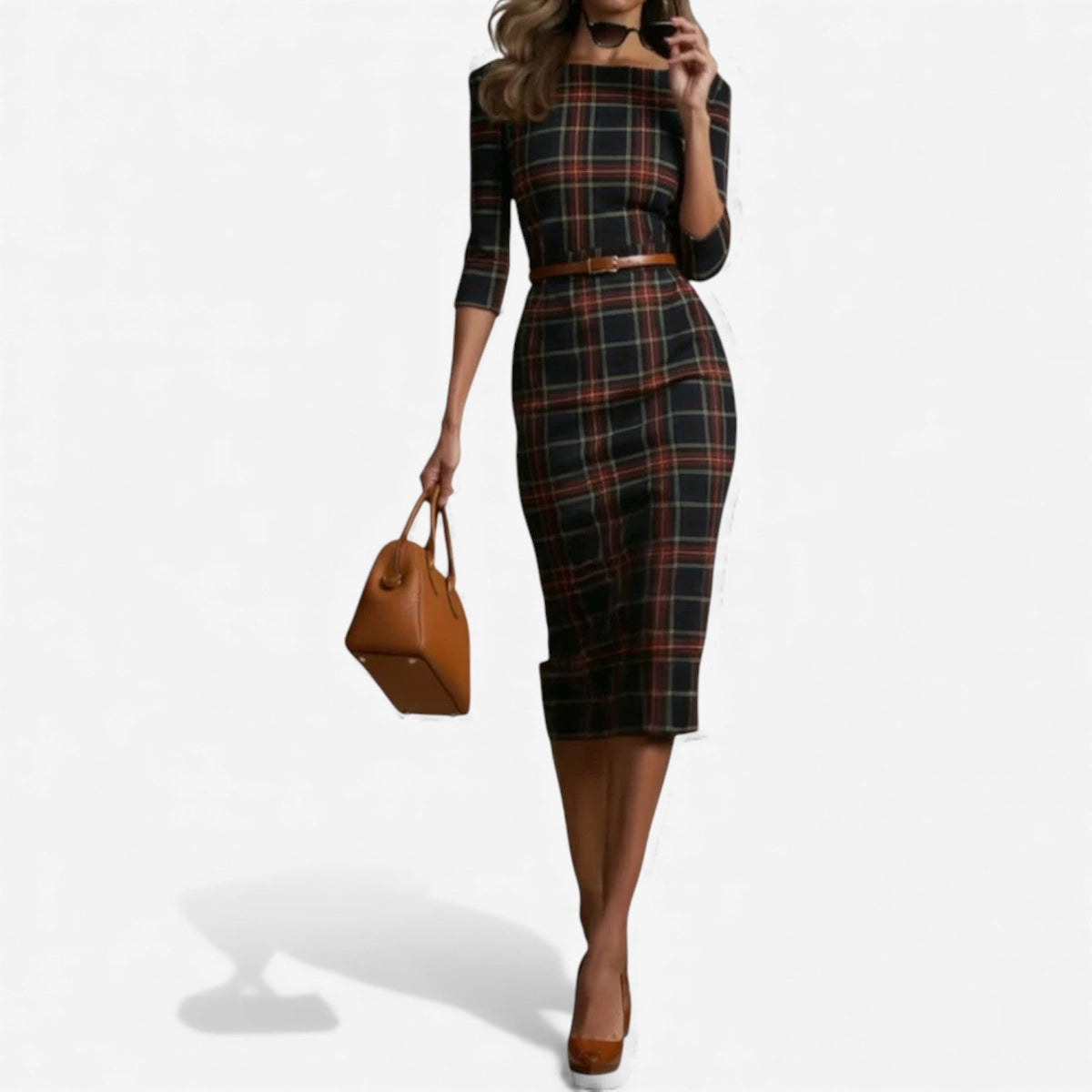 Madina™ – Abito Midi Elegante em Xadrez per Senhora