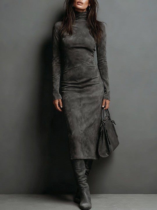 Ilaria | Abito Midi in Suede con Collo Alto e Maniche Lunghe