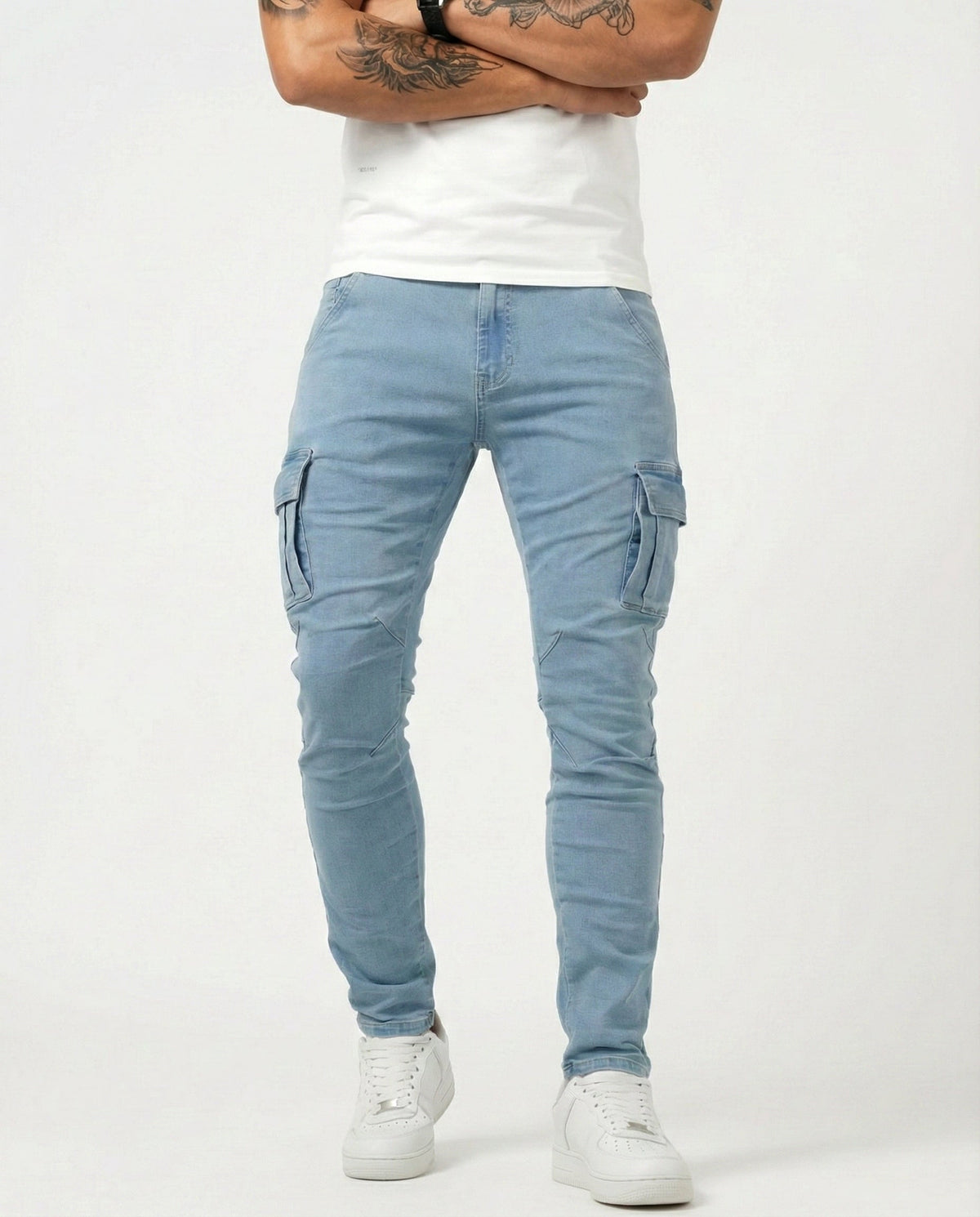 Duvan - Pantaloni cargo blu navy elasticizzati da uomo