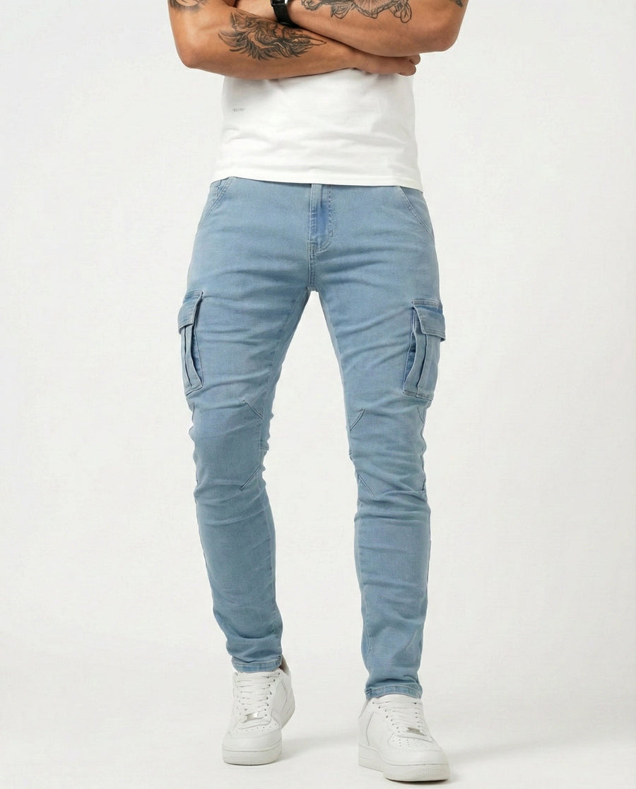 Duvan - Pantaloni cargo blu navy elasticizzati da uomo