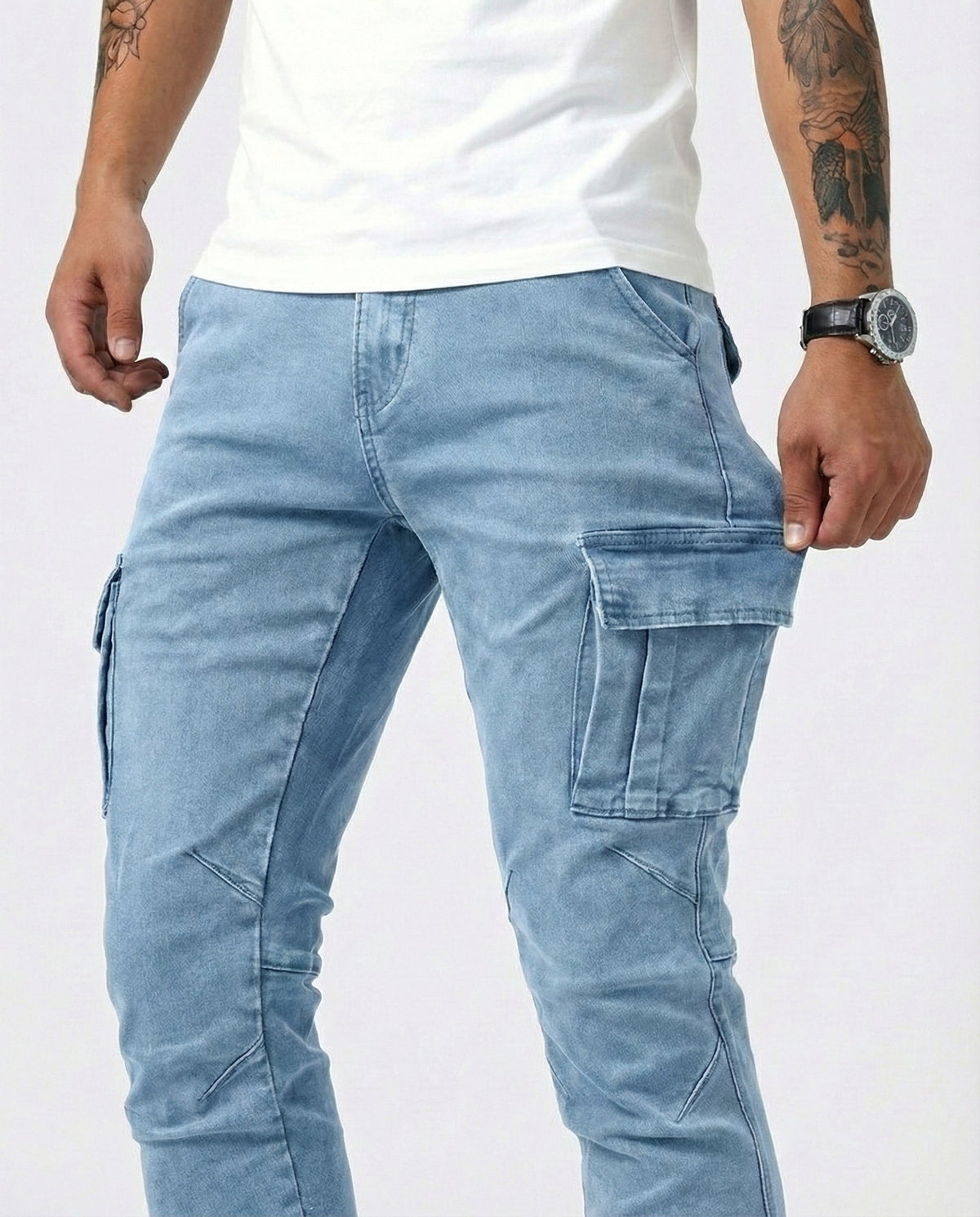 Duvan - Pantaloni cargo blu navy elasticizzati da uomo