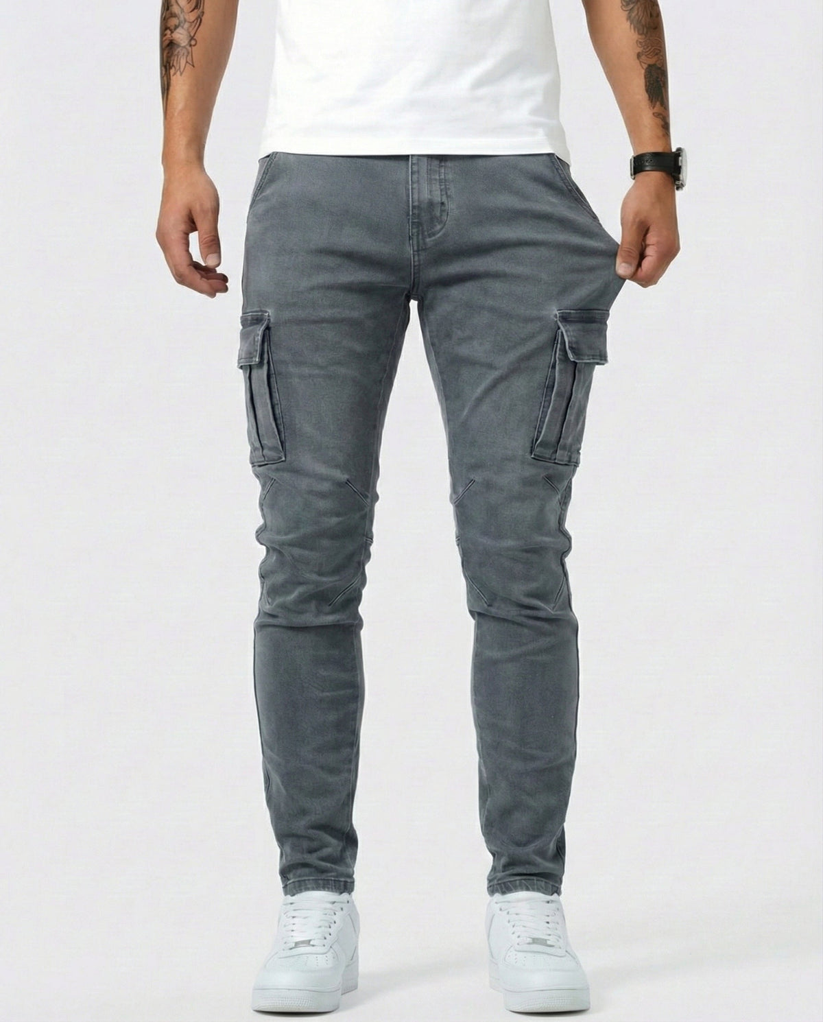 Duvan - Pantaloni cargo blu navy elasticizzati da uomo