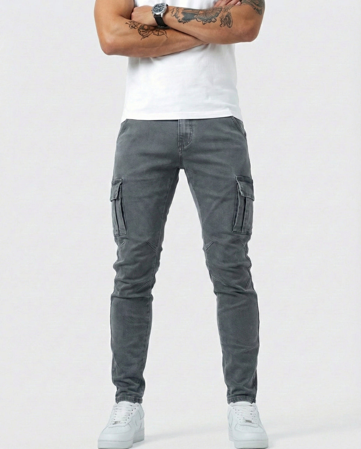 Duvan - Pantaloni cargo blu navy elasticizzati da uomo