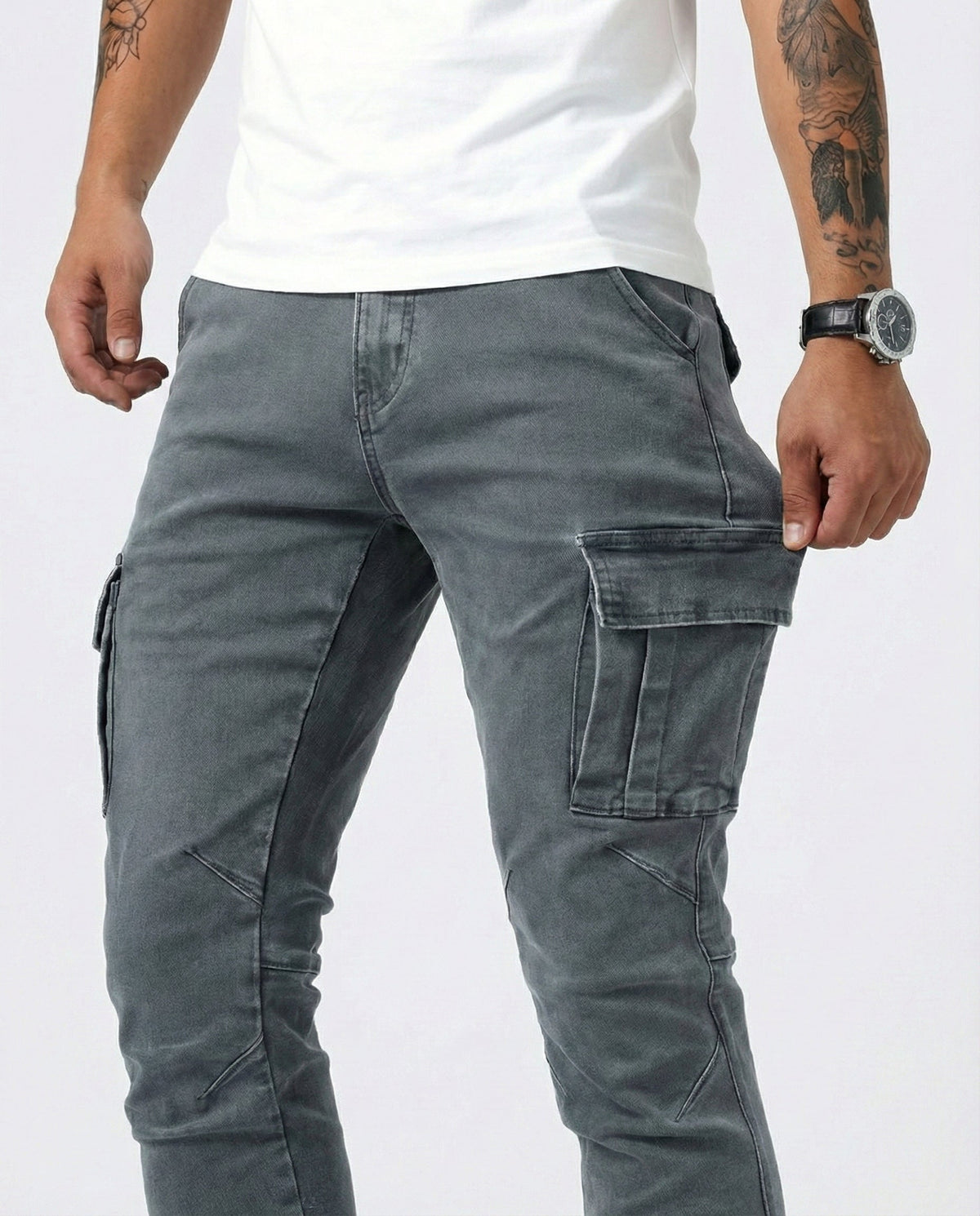 Duvan - Pantaloni cargo blu navy elasticizzati da uomo