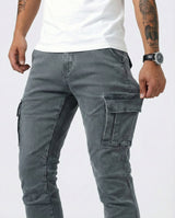Duvan - Pantaloni cargo blu navy elasticizzati da uomo