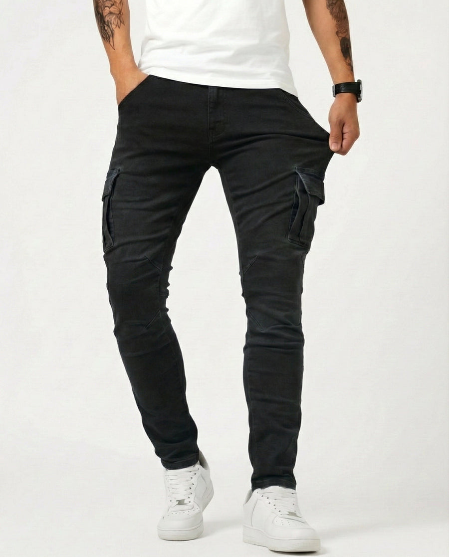 Duvan - Pantaloni cargo blu navy elasticizzati da uomo