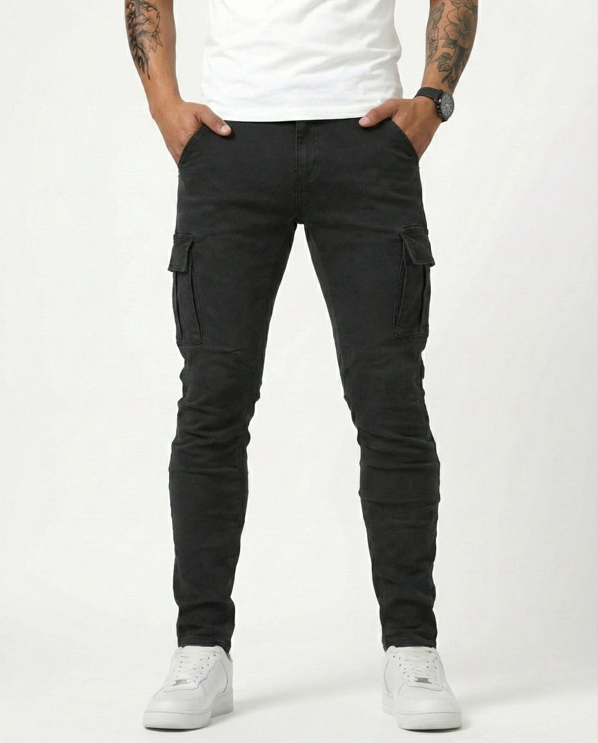 Duvan - Pantaloni cargo blu navy elasticizzati da uomo