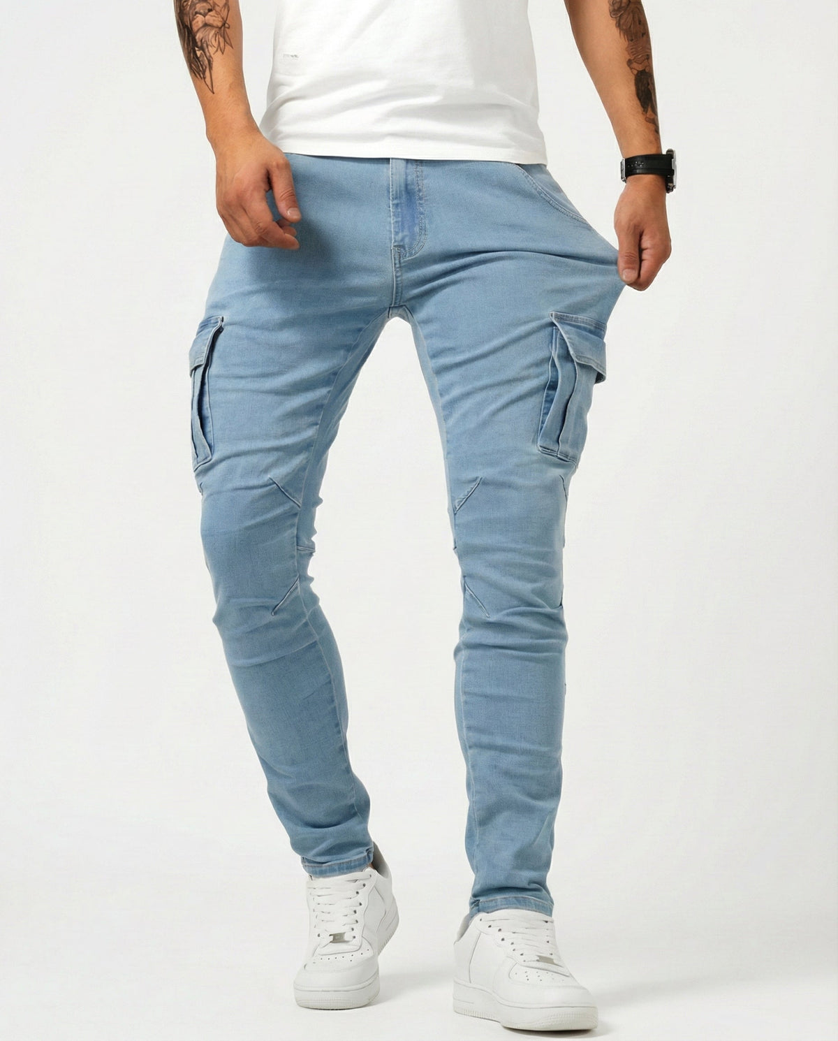 Duvan - Pantaloni cargo blu navy elasticizzati da uomo