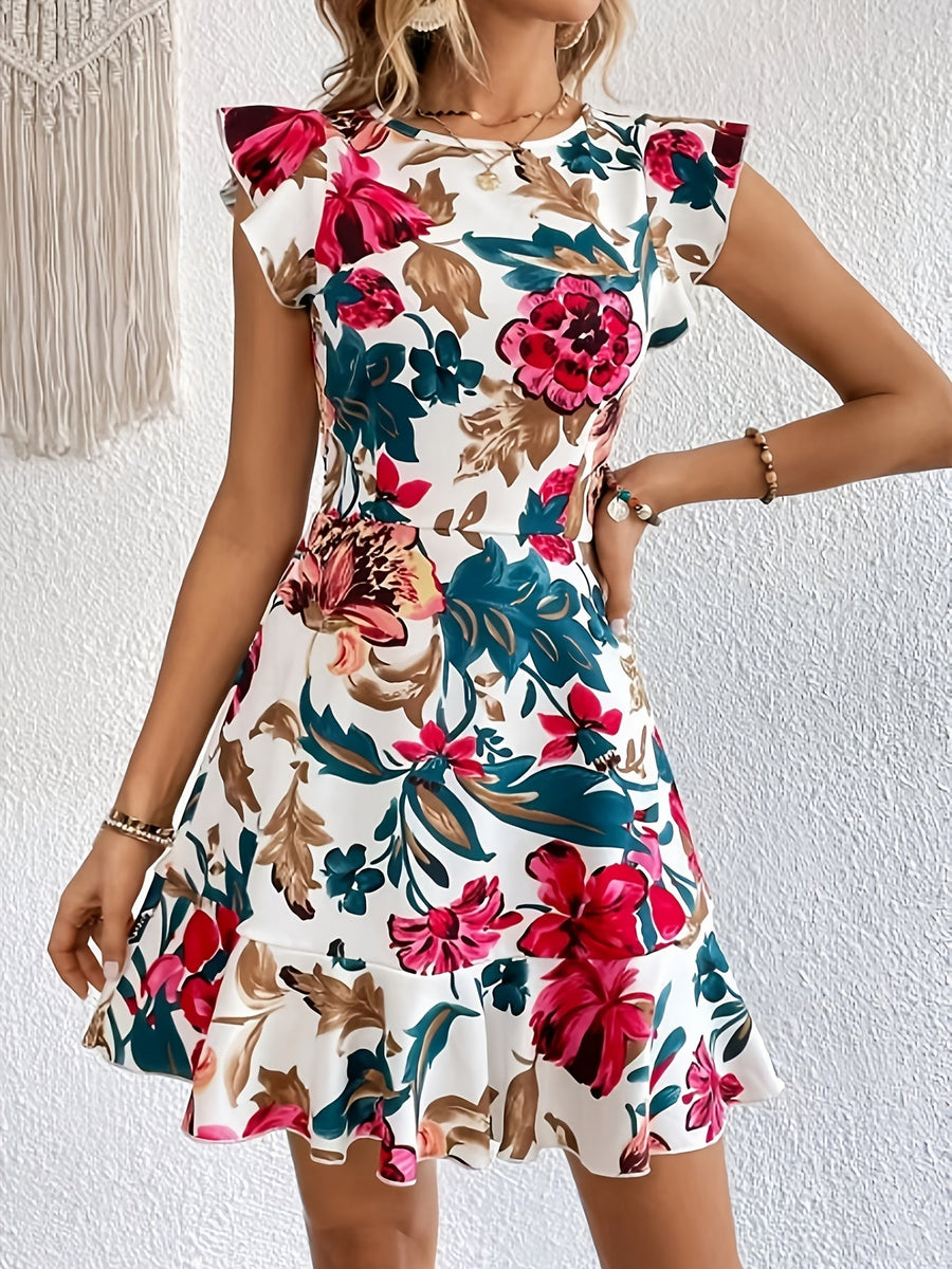 Flora – Abito coloreto stampato floreale con volant, casual e elegante