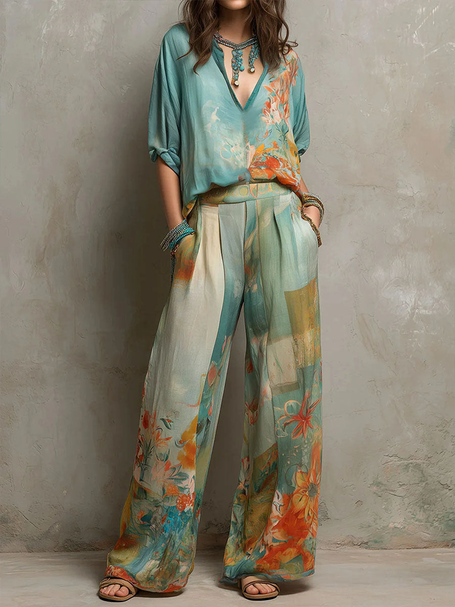 Chiara | Elegante outfit con stampa floreale e pantaloni a gamba larga per donna