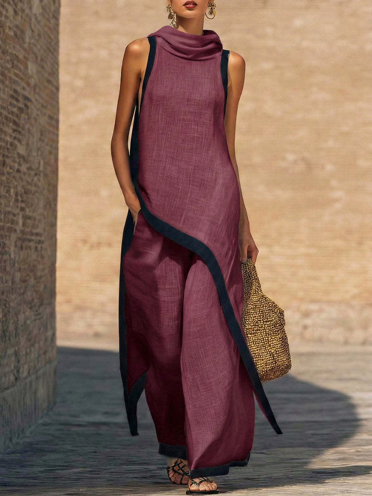 Ruca - Completo di due pezzi in lino e cotone elegante con taglio artistico per Donna