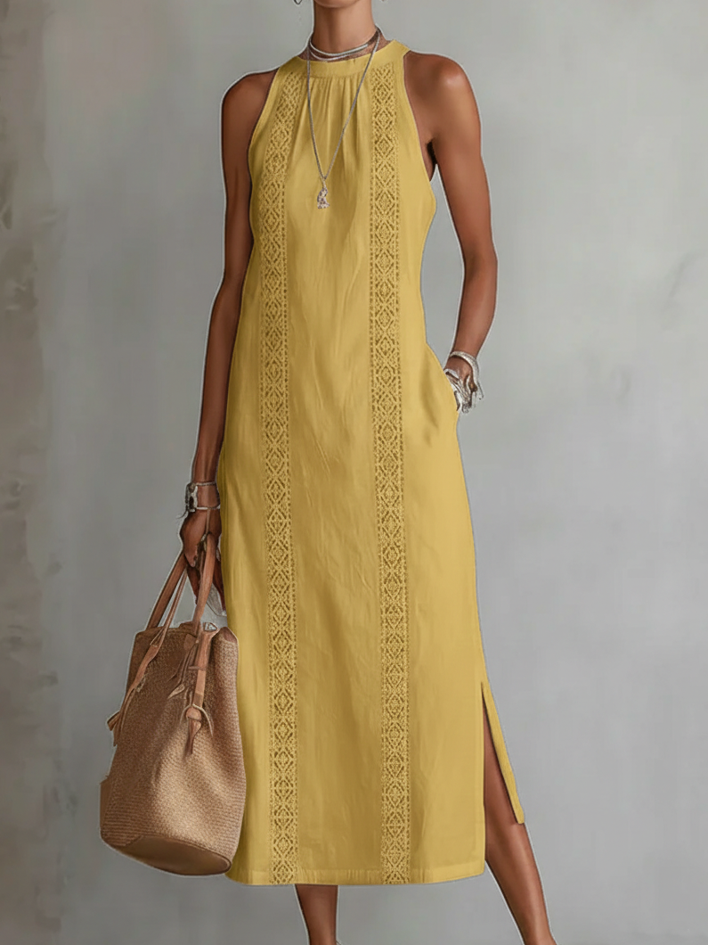 Jimena | Abito midi di linho con colarinho mao da donna