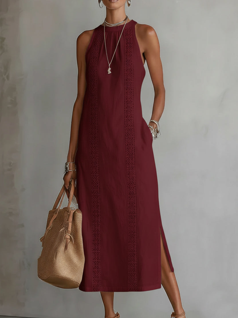 Jimena | Abito midi di linho con colarinho mao da donna