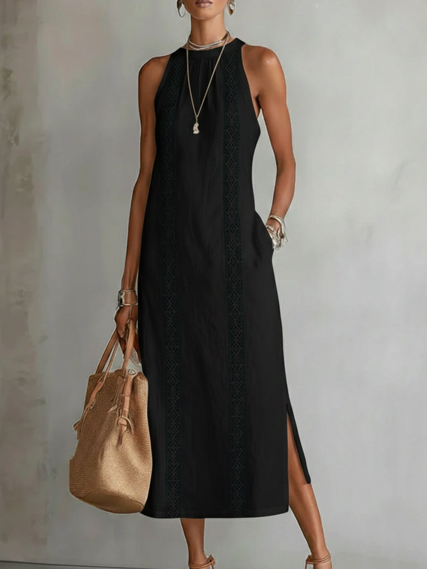 Jimena | Abito midi di linho con colarinho mao da donna
