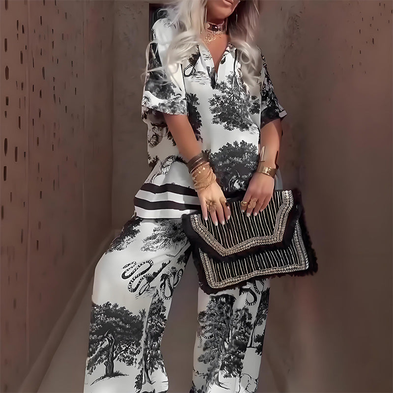 Blusa con Scollo a V Stampata e Pantaloni Lunghi — Stile Estivo Elegante e Leggero