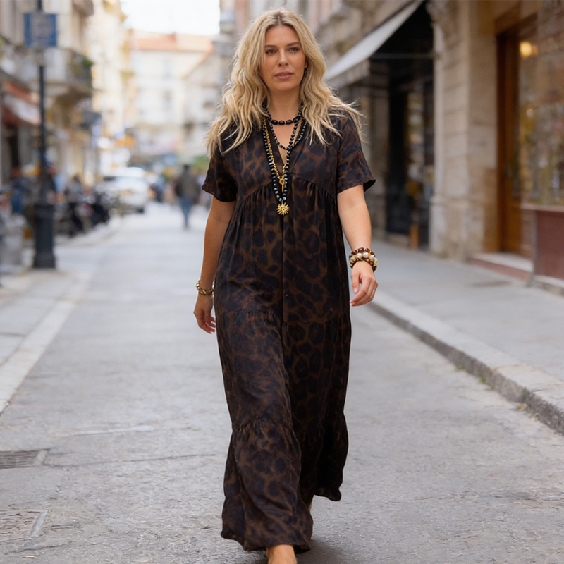 Lucie – Abito lungo con scollo a V e stampa leopardata da donna