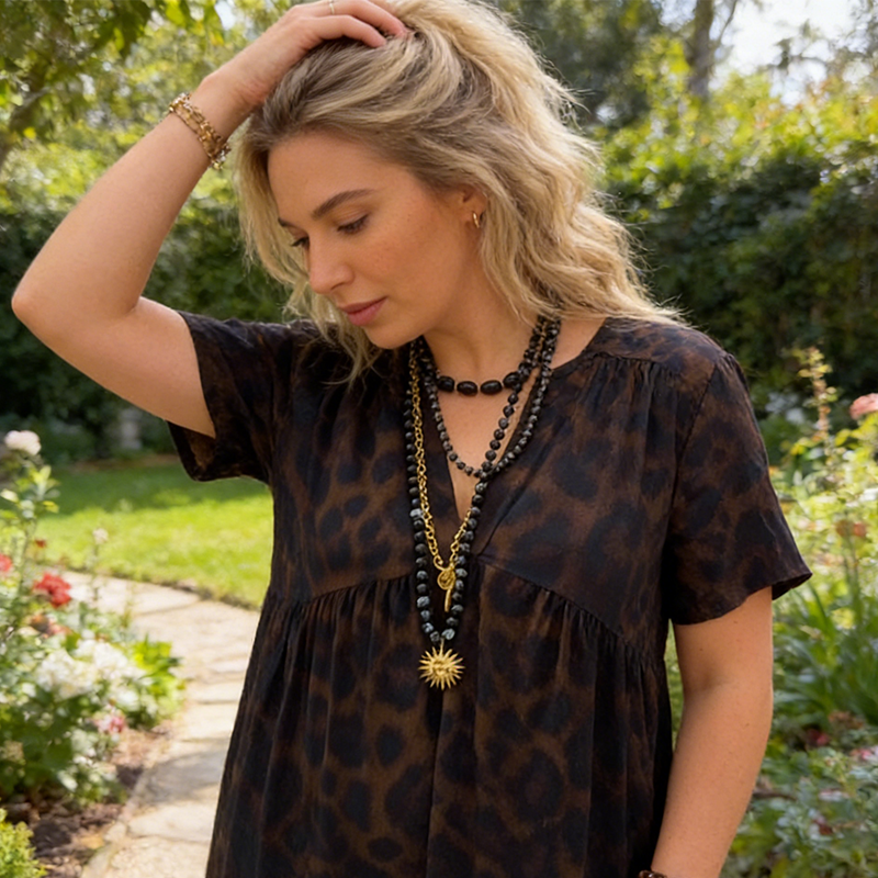 Lucie – Abito lungo con scollo a V e stampa leopardata da donna