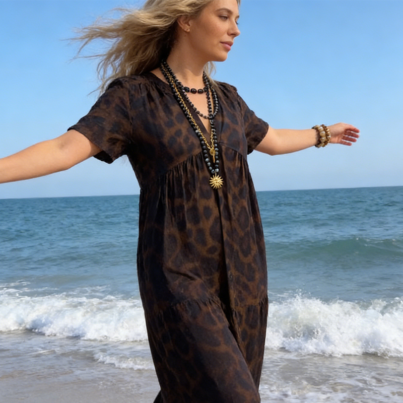 Lucie – Abito lungo con scollo a V e stampa leopardata da donna