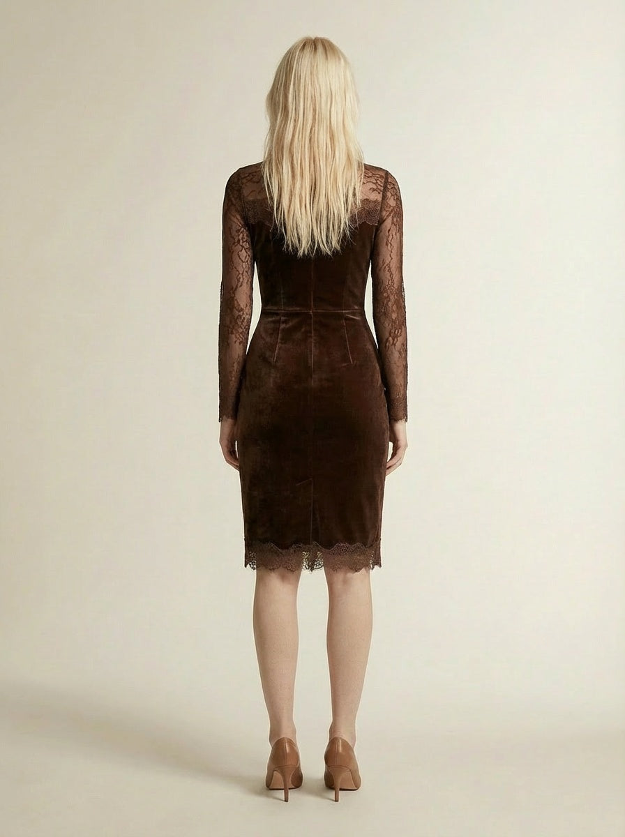 SOFIE | Robe Mini Velours Castanho con Pizzo Elegante